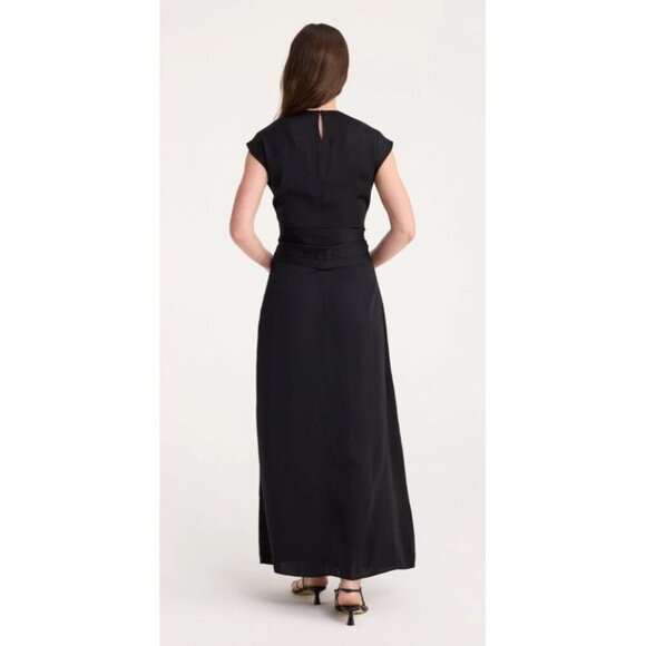 ROHE Draped Column black Maxi Dress 38 US 6 Women’s Long Midi Short Sleeve Flaw - Picture 2 of 10